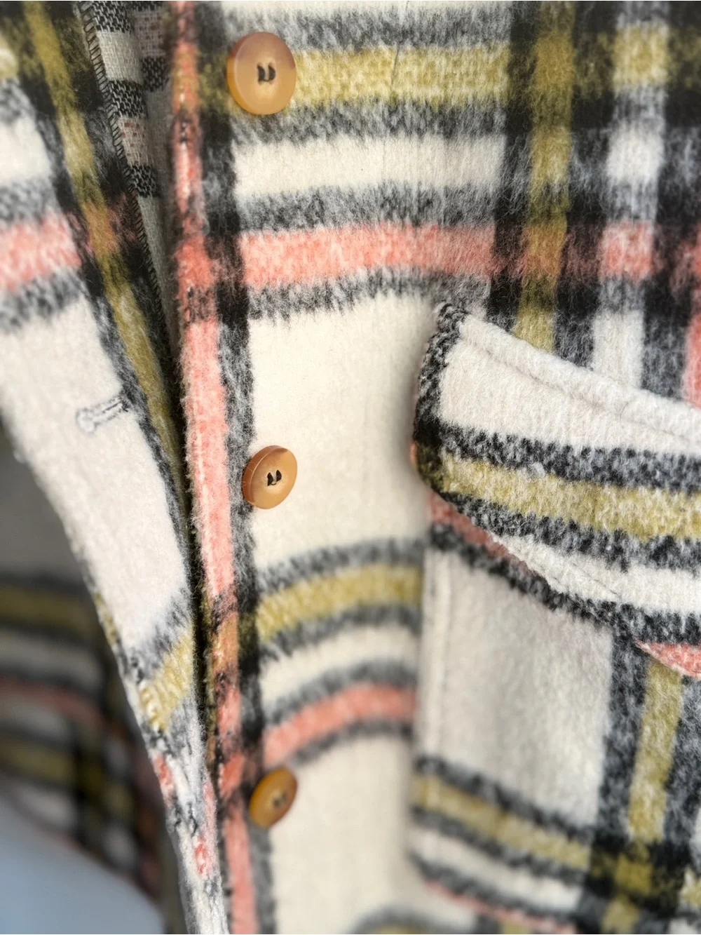 Bagatelle Cream Plaid Shacket with Pink and Olive Stripes‎ size small
